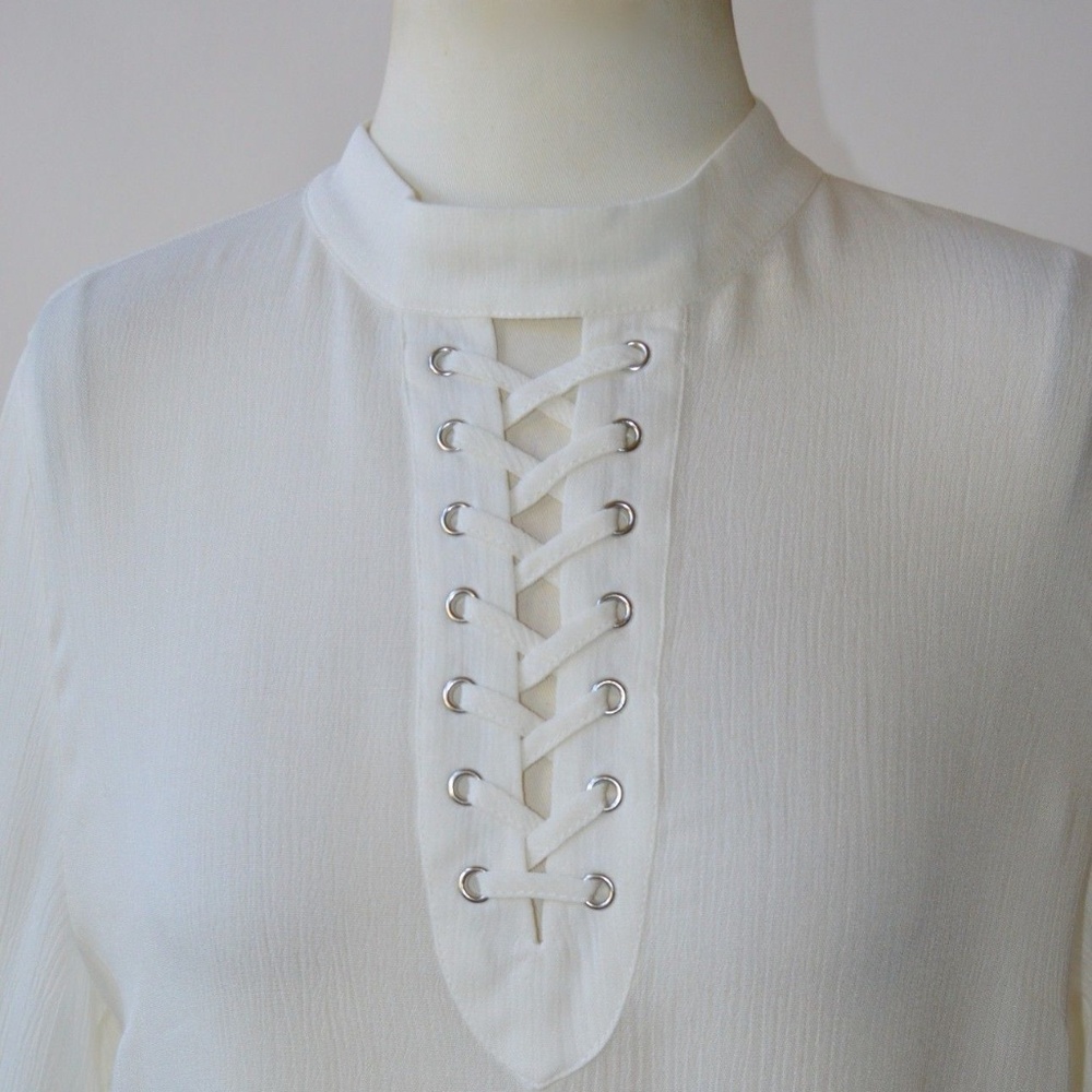 Lace Up Choker Neck Long Bell Sleeve Flowy Tunic - Picture 7 of 8